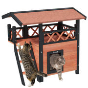 Outdoor Cat House w/ Balcony Stairs Roof, Brown