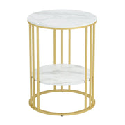 Beautiful Gold Round Marble Side Table Sofa End Table with 2 Tier Storage Shelf