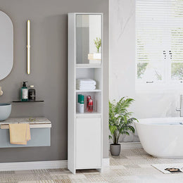 White Bathroom Cabinet 2 Door 6 Shelves Storage Makeup With Mirror Free Standing