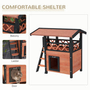 Outdoor Cat House w/ Balcony Stairs Roof, Brown