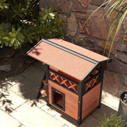 Outdoor Cat House w/ Balcony Stairs Roof, Brown
