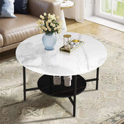 2 Tier Large Round Coffee Table White Sleek Marble Side Table Matt Black Frame