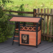 Outdoor Cat House w/ Balcony Stairs Roof, Brown