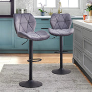 Pair of Velvet Grey Bar Stools Gas Lift Swivel Breakfast Chairs Dull Polish Base