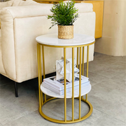 Beautiful Gold Round Marble Side Table Sofa End Table with 2 Tier Storage Shelf