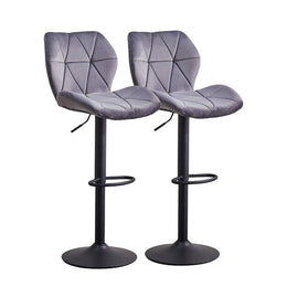 Pair of Velvet Grey Bar Stools Gas Lift Swivel Breakfast Chairs Dull Polish Base