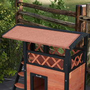 Outdoor Cat House w/ Balcony Stairs Roof, Brown