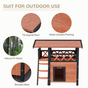 Outdoor Cat House w/ Balcony Stairs Roof, Brown