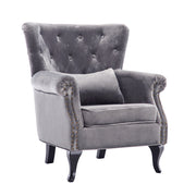 Grey Velvet Armchair Sofa Button Tufted High Back Upholstered Seat Accent Chair