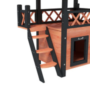 Outdoor Cat House w/ Balcony Stairs Roof, Brown