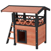 Outdoor Cat House w/ Balcony Stairs Roof, Brown
