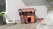 Outdoor Cat House w/ Balcony Stairs Roof, Brown
