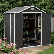 8x6 6x6 5x3 Plastic Garden Shed with Floor Window Lockable Door Wood Grain Grey