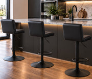 3 Black Bar Stools Breakfast Chairs Faux Leather Swivel, Black Metalwork