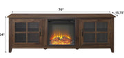 Large 70 Inch TV Stand with Electric Fireplace | Dark Walnut | Farmhouse Glass D
