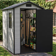 8x6 6x6 5x3 Plastic Garden Shed with Floor Window Lockable Door Wood Grain Grey