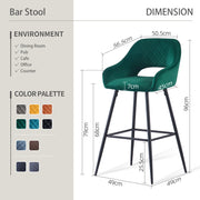 Set of 2 Bar Stools Velvet/PU Metal Legs Breakfast Stools Armrest Padded Chairs