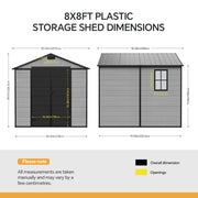 Plastic Garden Shed 8x4FT 8x6FT 8x8FT Apex Roof Outdoor Storage Sheds Tool Box