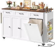 Kitchen Island on Wheels Mobile Trolley Trash Bin Cabinet Drop Leaf Power Outlet
