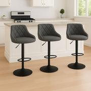3Pcs Bar Stools Faux Leather, Black Grey Silver Red White Kitchen Breakfast Bar