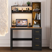 Home Office Desk with Hutch and Drawers Computer Desk with Power Outlets and LED