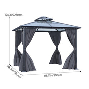 XL Hardtop Gazebo Garden Pavilion Metal Frame Polycarbonate Roof with Curtains