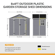 Large Plastic Shed 8x8 6x8 5x4FT Outdoor Garden Tools Storage House with 2 Doors