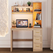 Home Office Desk with Hutch and Drawers Computer Desk with Power Outlets and LED